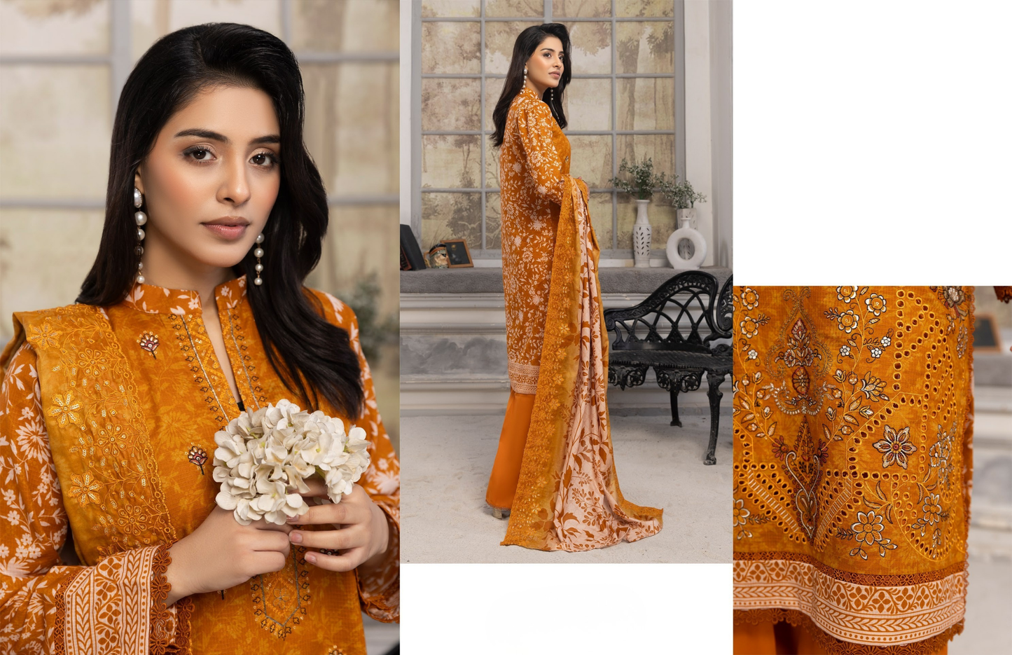 Bin Naeem Premium Digital Printed Lawn 3 Piece Suit – Mustard Orange