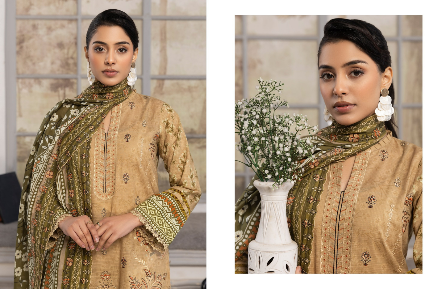 Bin Naeem Premium Digital Printed Lawn 3 Piece Suit – Beige Olive