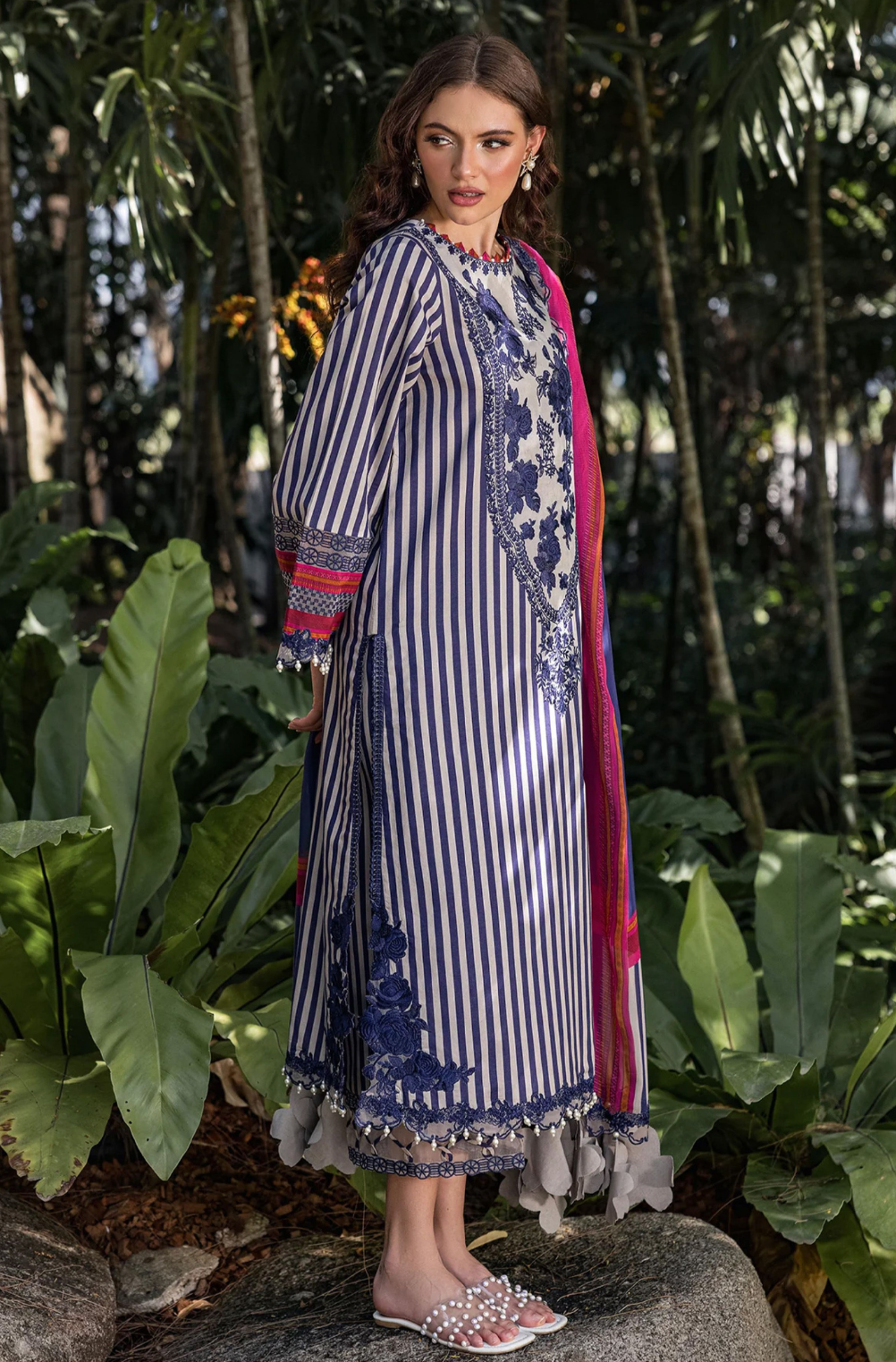 Charizma Premium Lawn 3 Piece Unstitched Suit – Navy Blue & Pink