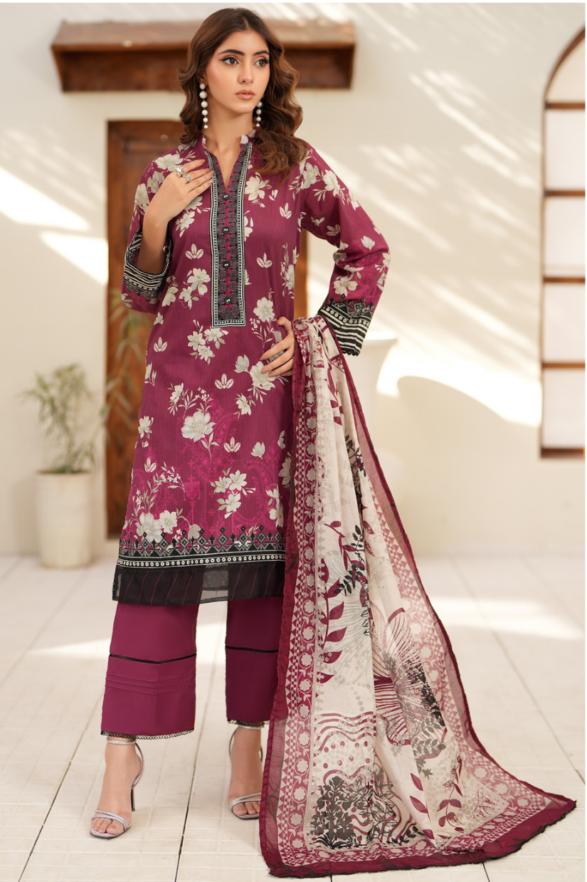 Premium Digital Printed Lawn 3 Piece Suit – Maroon