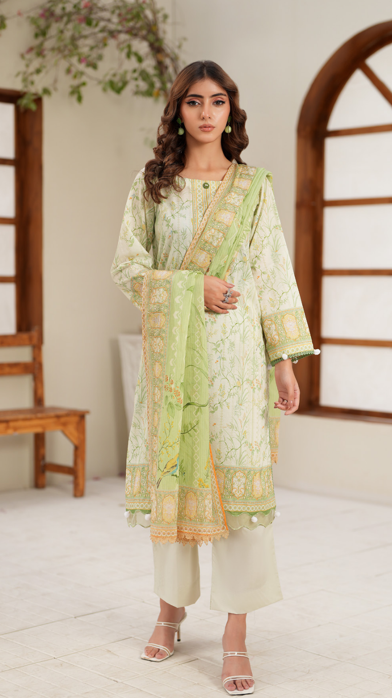 Premium Digital Printed Lawn 3 Piece Suit – Light Green