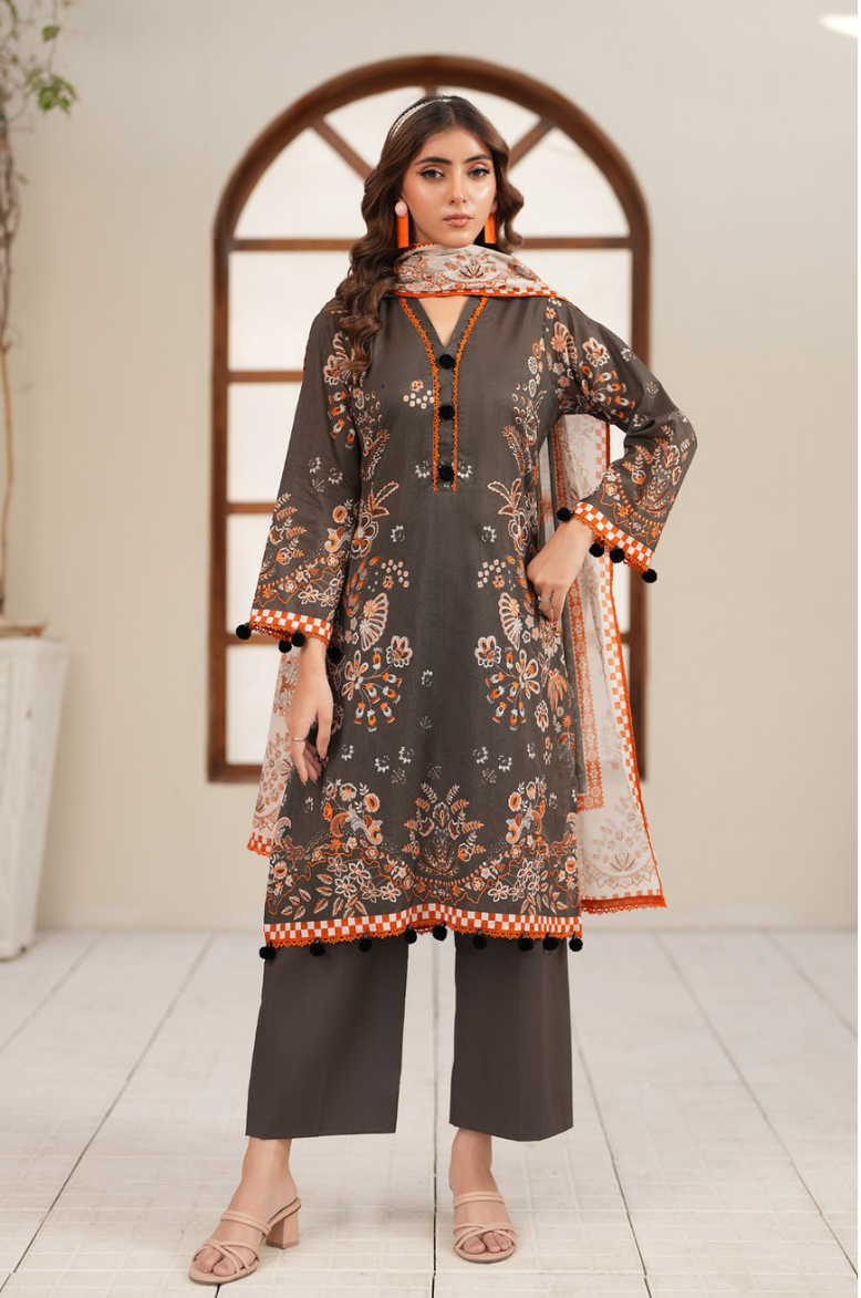 Premium Digital Printed Lawn 3 Piece Suit – Brown
