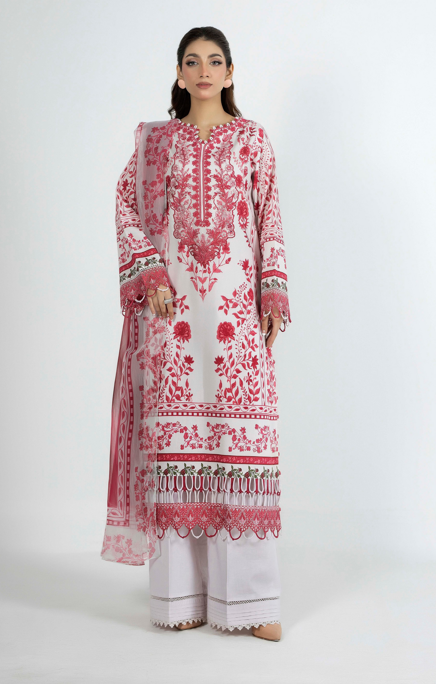 Premium Printed Lawn 3 Piece Suit - White & Red