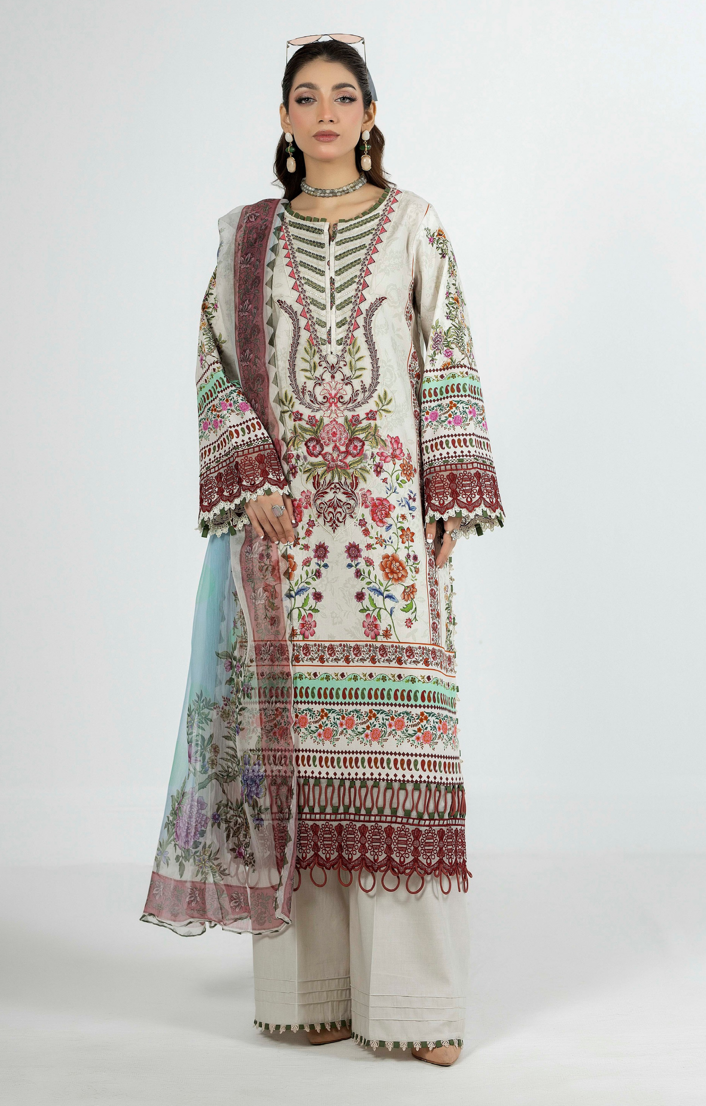Premium Printed Lawn 3 Piece Suit - Beige Multi