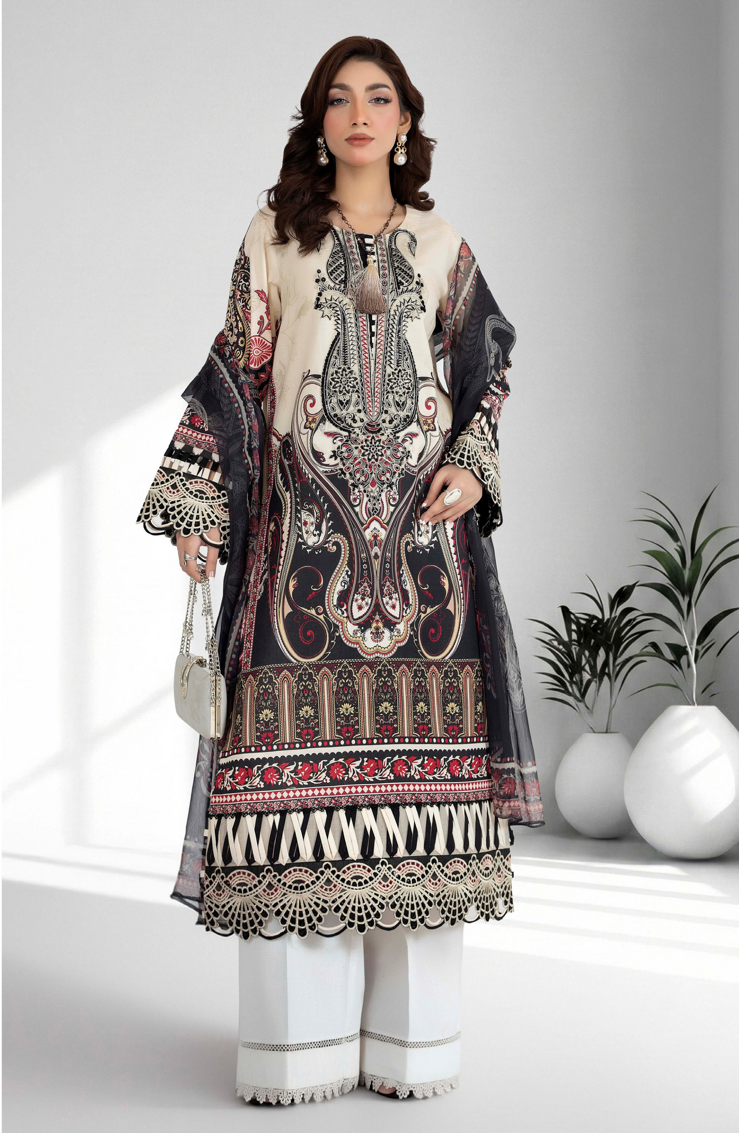 Premium Printed Lawn 3 Piece Suit - Black & Beige