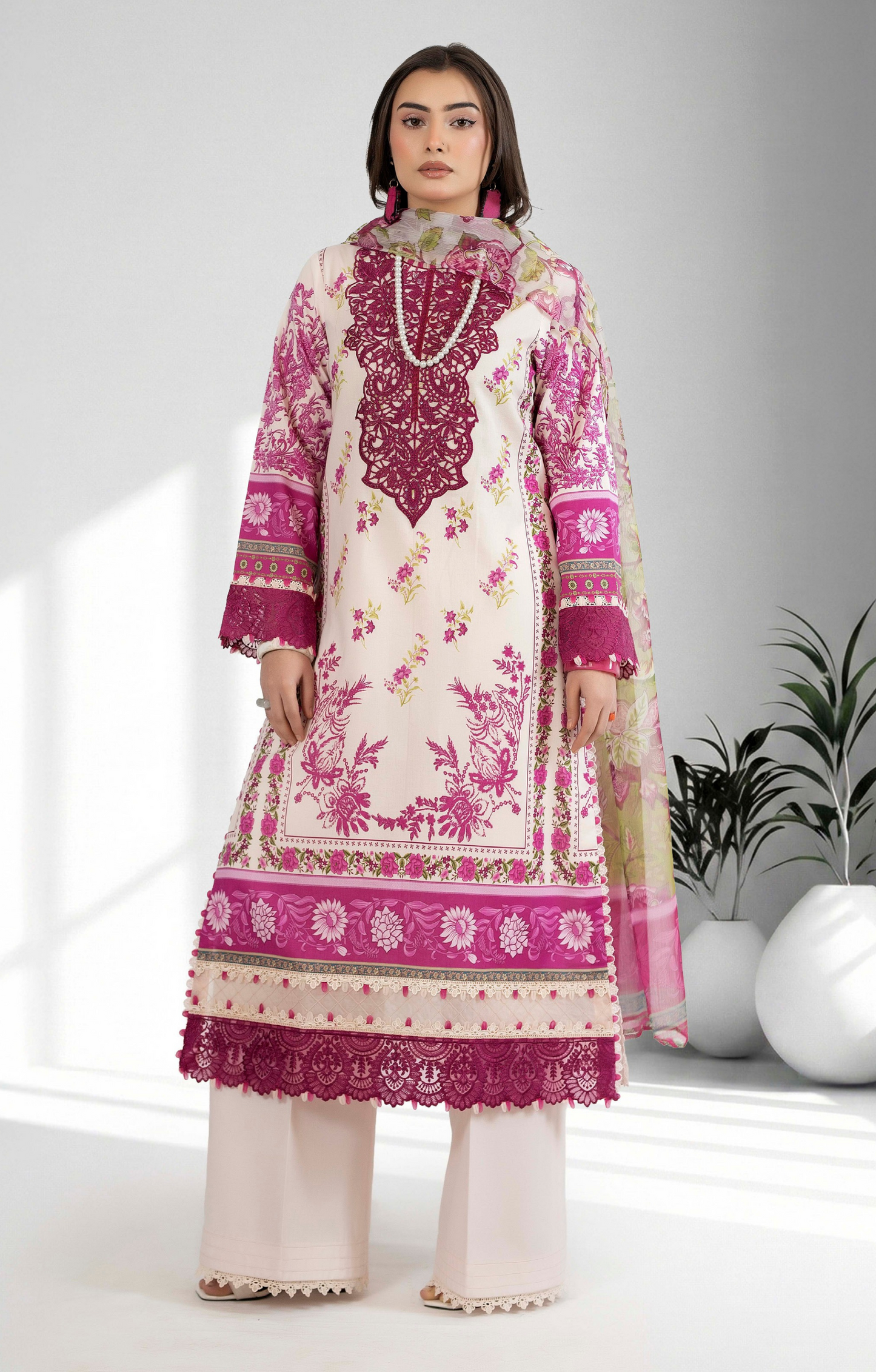 Premium Printed Lawn 3 Piece Suit - Pink & Beige