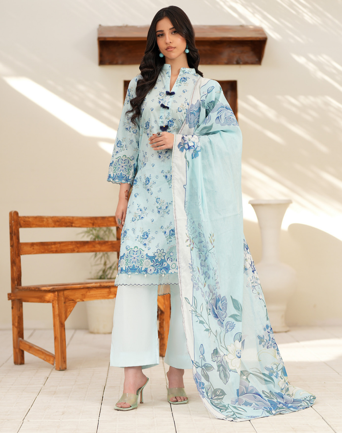 Premium Digital Printed Lawn 3 Piece Suit – Sky Blue