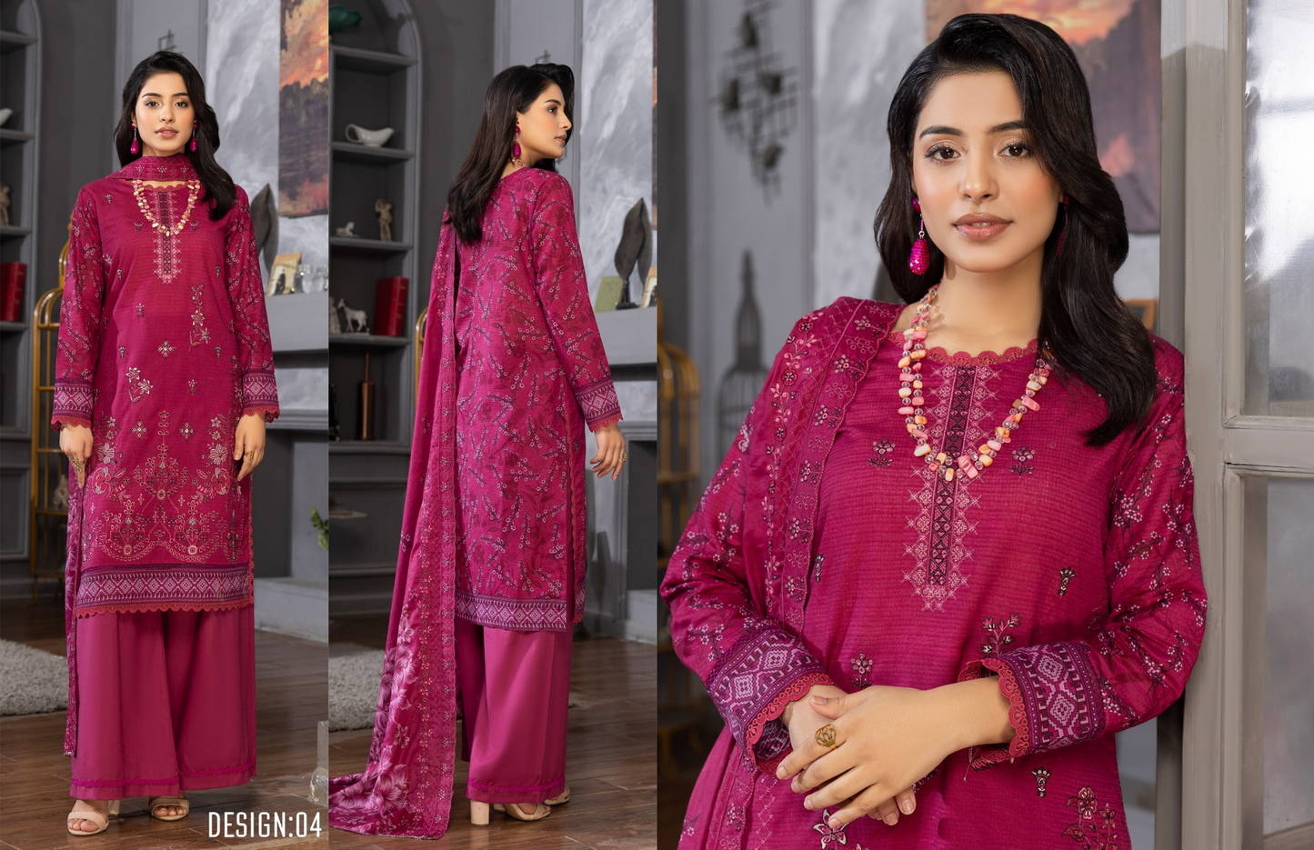 Bin Naeem Premium Digital Printed Lawn 3 Piece Suit – Magenta Pink