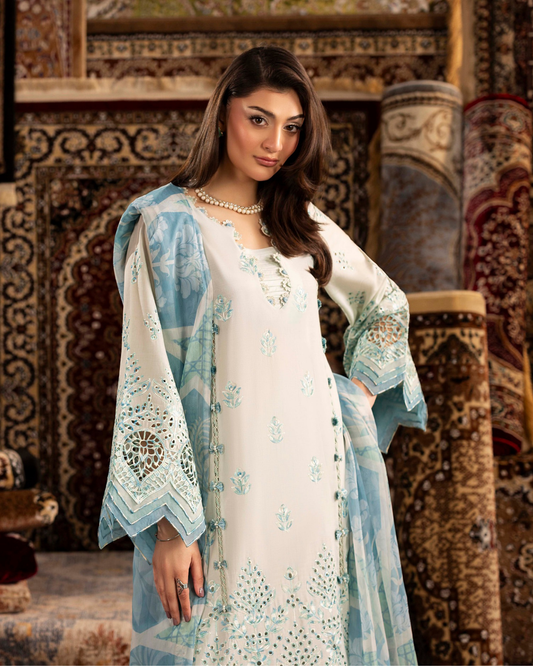 Luxury Embroidered Lawn 3 Piece Suit – Ice Blue