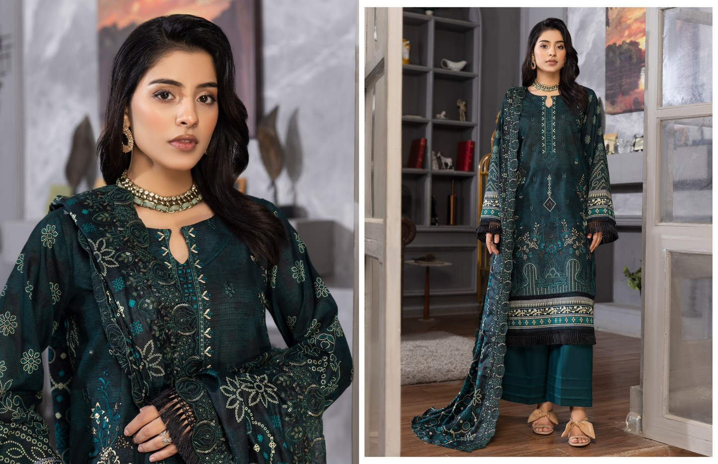 Bin Naeem Premium Digital Printed Lawn 3 Piece Suit – Dark Teal Green
