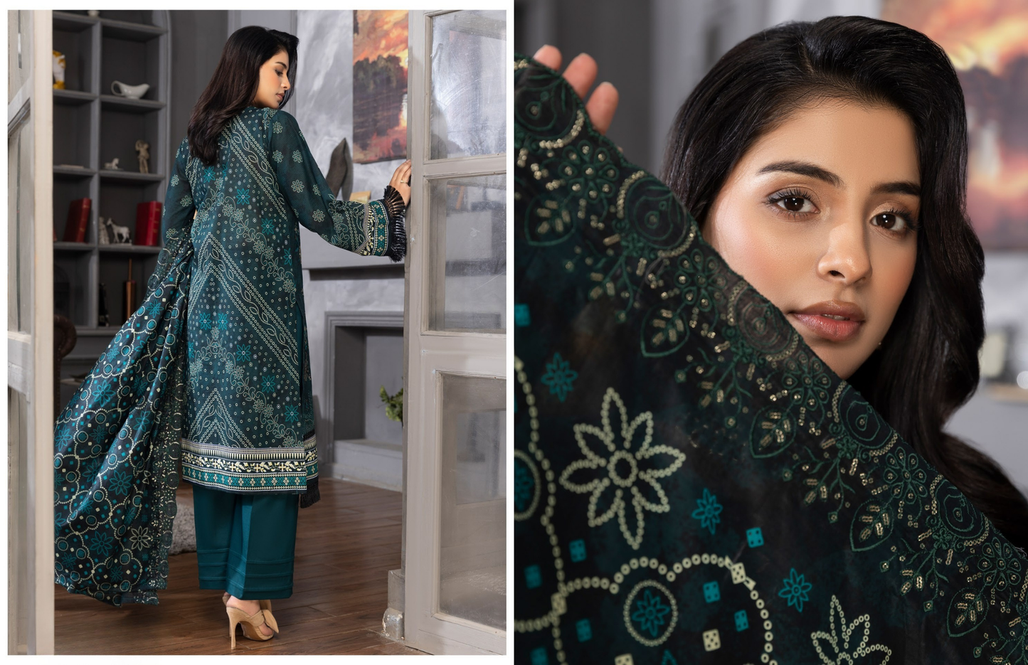 Bin Naeem Premium Digital Printed Lawn 3 Piece Suit – Dark Teal Green