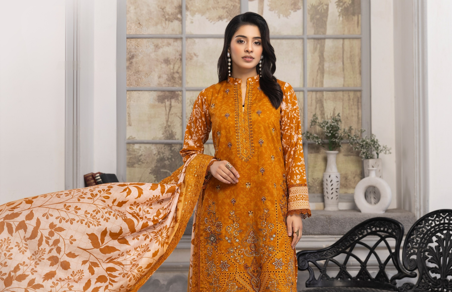 Bin Naeem Premium Digital Printed Lawn 3 Piece Suit – Mustard Orange