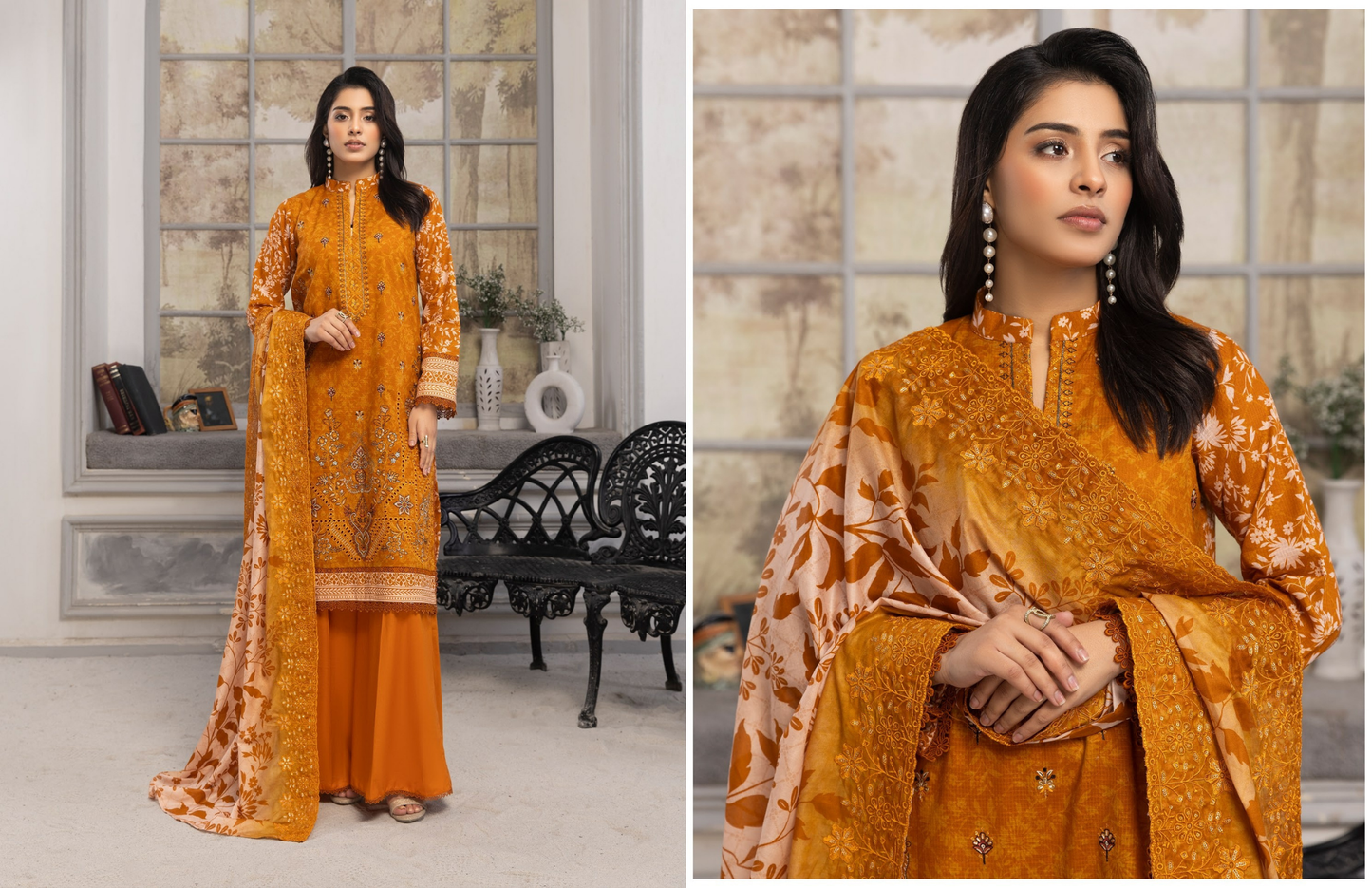 Bin Naeem Premium Digital Printed Lawn 3 Piece Suit – Mustard Orange