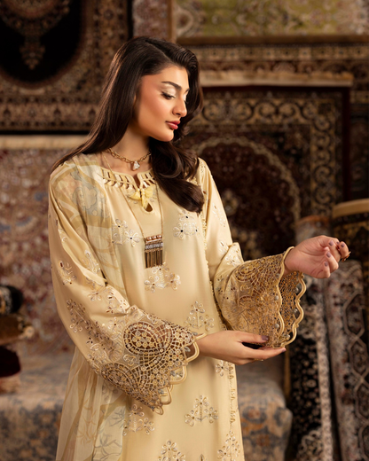 Luxury Embroidered Lawn 3 Piece Suit – Beige
