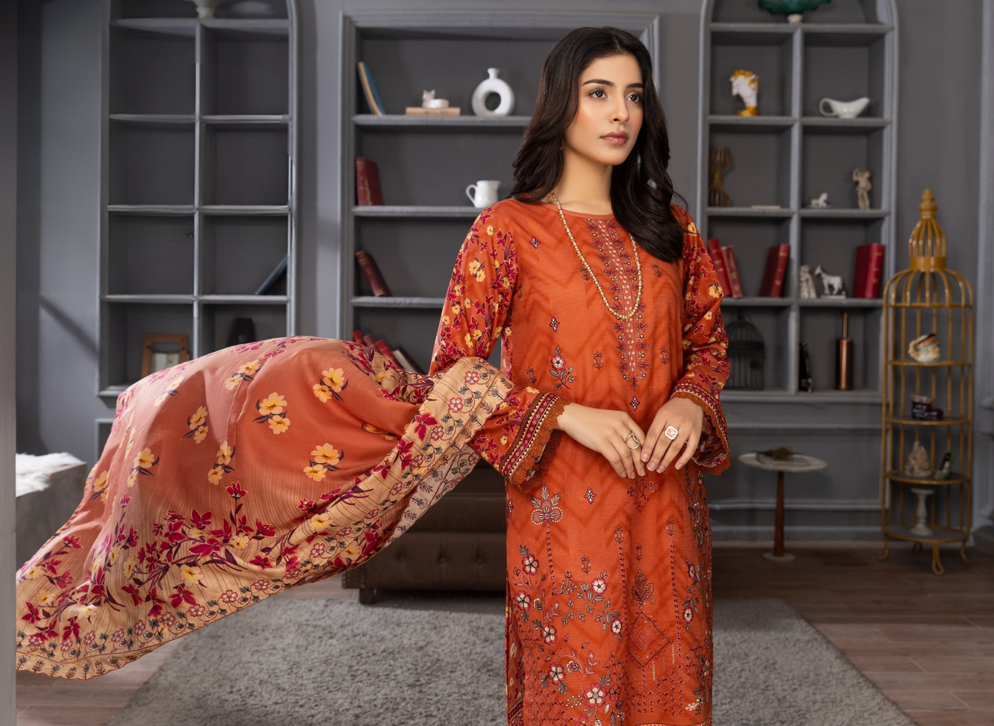 Bin Naeem Premium Digital Printed Lawn 3 Piece Suit - Rust Orange