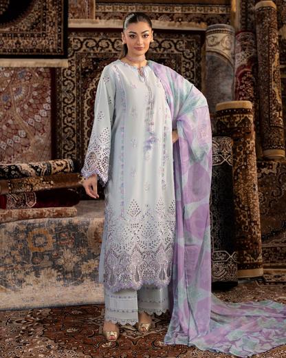 Luxury Embroidered Lawn 3 Piece Suit – Pastel Grey