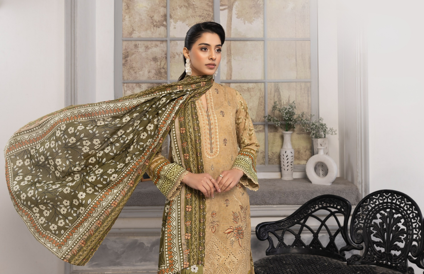 Bin Naeem Premium Digital Printed Lawn 3 Piece Suit – Beige Olive