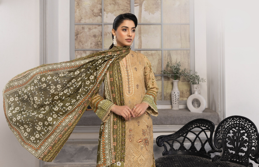 Bin Naeem Premium Digital Printed Lawn 3 Piece Suit – Beige Olive