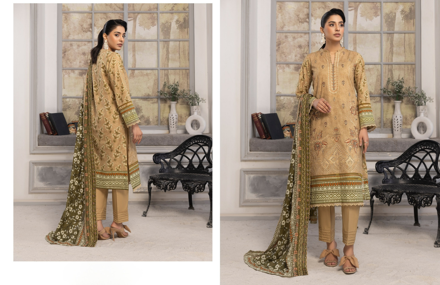 Bin Naeem Premium Digital Printed Lawn 3 Piece Suit – Beige Olive