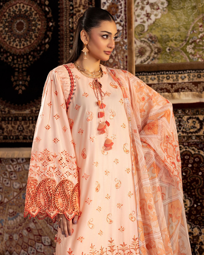 Luxury Embroidered Lawn 3 Piece Suit – Peach
