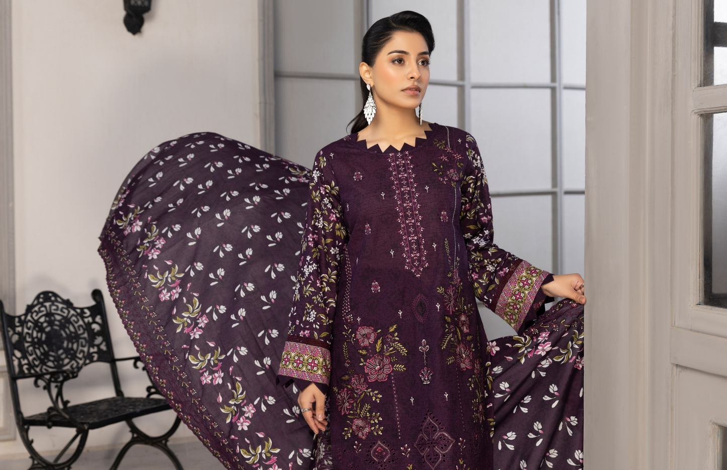 Bin Naeem Premium Digital Printed Lawn 3 Piece Suit – Deep Plum Purple