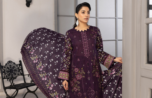 Bin Naeem Premium Digital Printed Lawn 3 Piece Suit – Deep Plum Purple