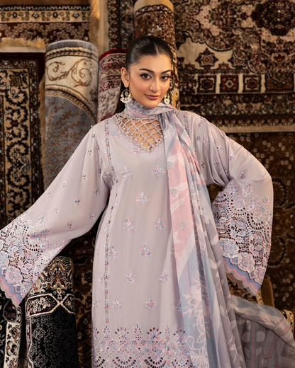 Luxury Embroidered Lawn 3 Piece Suit – Lilac Grey