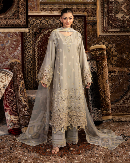 Luxury Embroidered Lawn 3 Piece Suit – Olive Grey