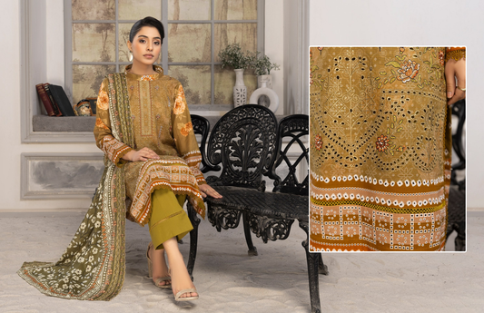 Bin Naeem Premium Digital Printed Lawn 3 Piece Suit – Golden Beige