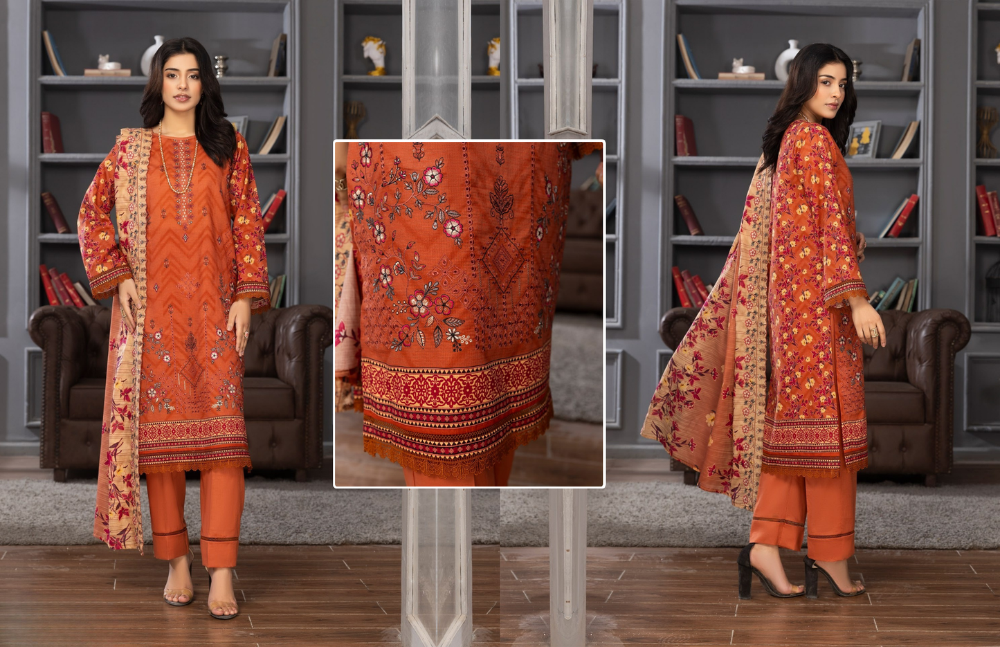 Bin Naeem Premium Digital Printed Lawn 3 Piece Suit - Rust Orange