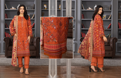 Bin Naeem Premium Digital Printed Lawn 3 Piece Suit - Rust Orange