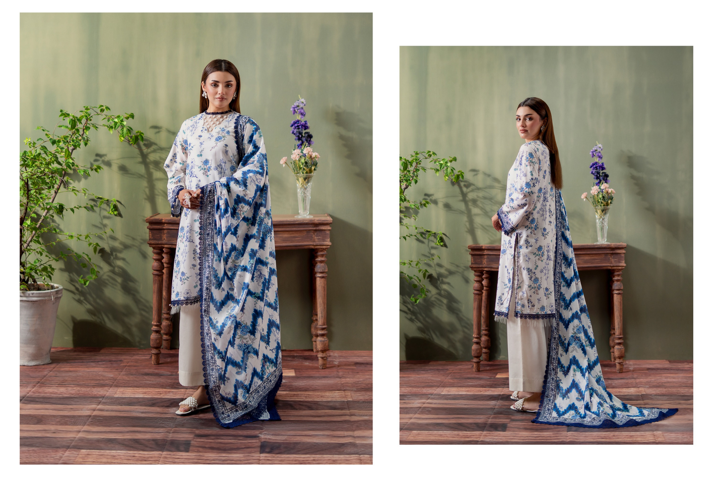 Mausummery Collections - Gul-e-Nasrin - White Blue