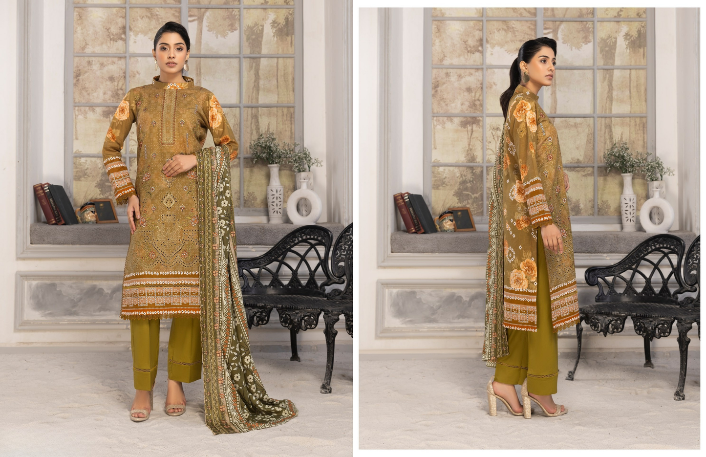 Bin Naeem Premium Digital Printed Lawn 3 Piece Suit – Golden Beige