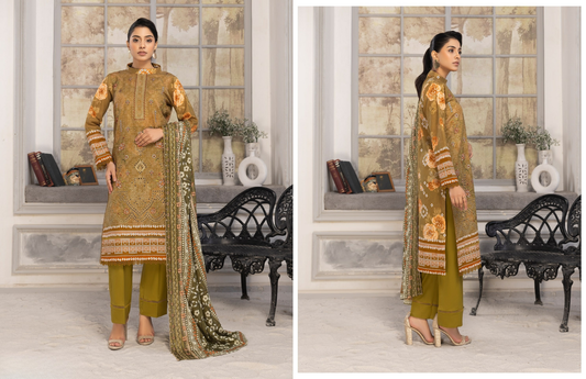 Bin Naeem Premium Digital Printed Lawn 3 Piece Suit – Golden Beige