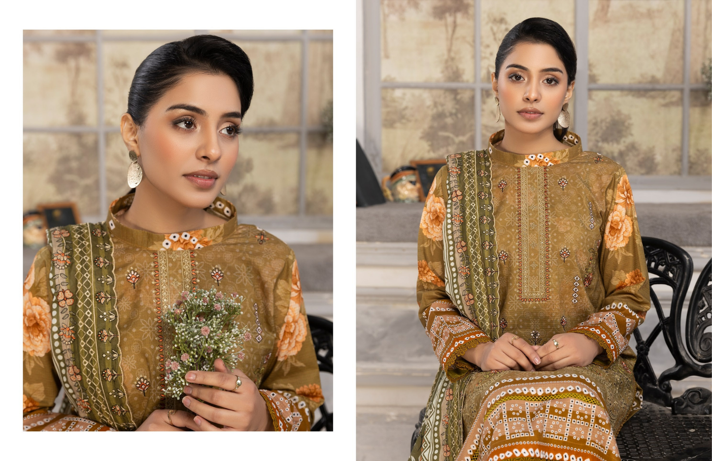 Bin Naeem Premium Digital Printed Lawn 3 Piece Suit – Golden Beige