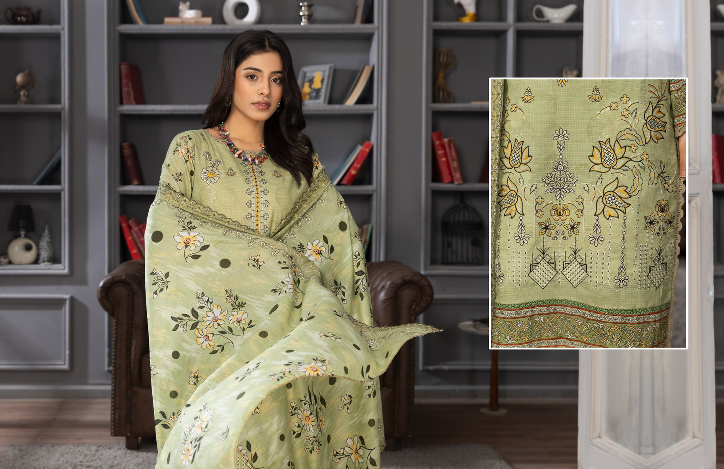 Bin Naeem Premium Digital Printed Lawn 3 Piece Suit – Light Olive Green