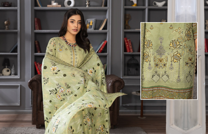 Bin Naeem Premium Digital Printed Lawn 3 Piece Suit – Light Olive Green