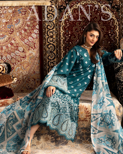 Luxury Embroidered Lawn 3 Piece Suit – Teal Blue