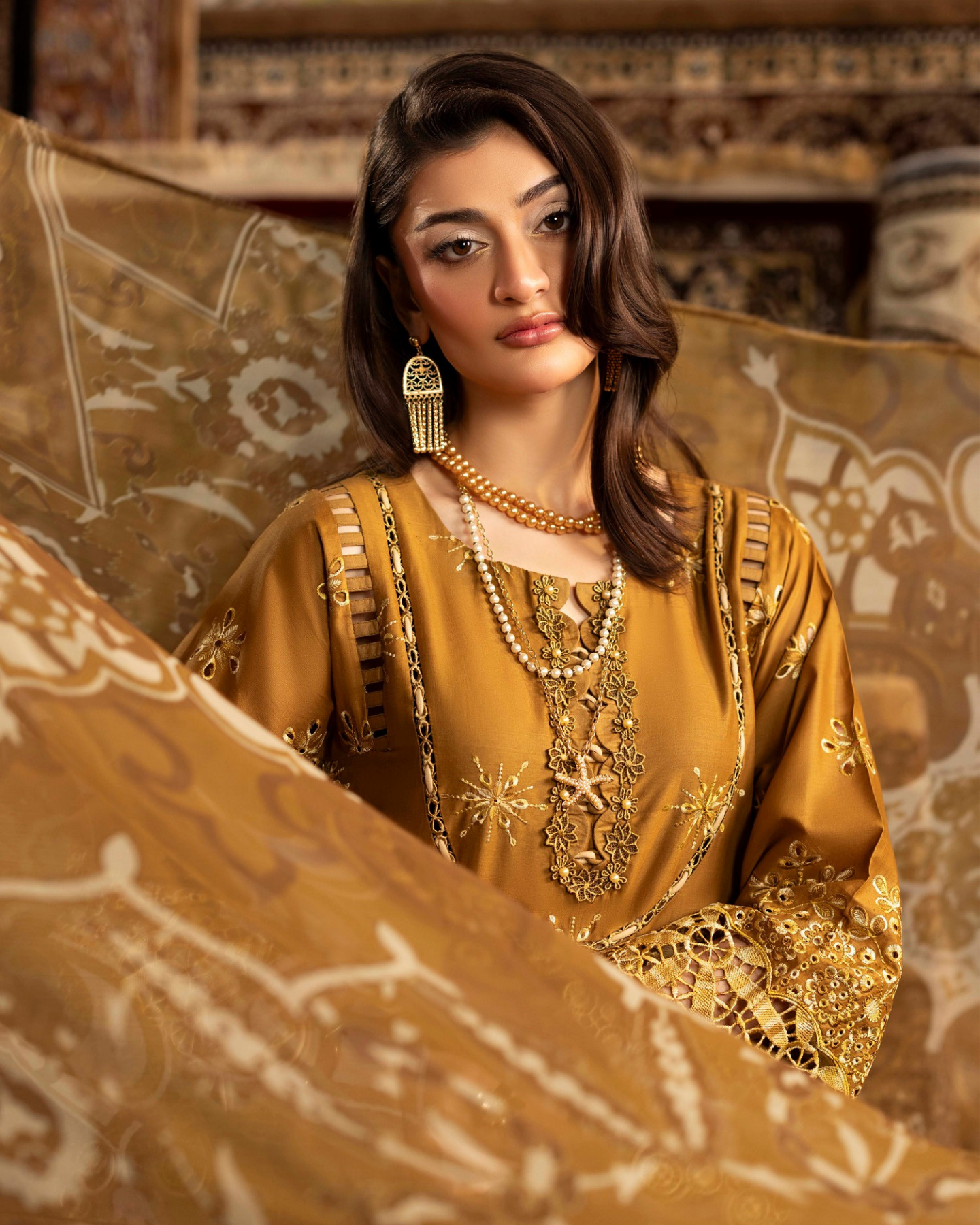 Luxury Embroidered Lawn 3 Piece Suit – Mustard