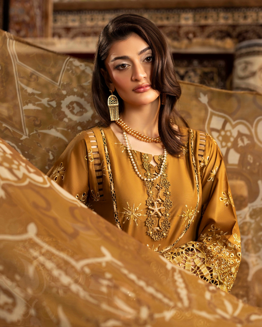 Luxury Embroidered Lawn 3 Piece Suit – Mustard