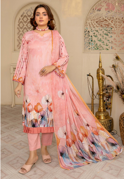 Bin Naeem Premium Digital Printed Lawn 3 Piece Suit - Peach Pink