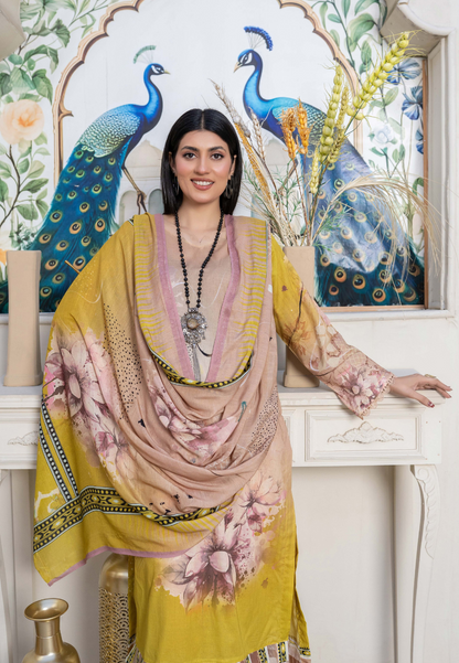 Bin Naeem Premium Digital Printed Lawn 3 Piece Suit - Yellow Beige