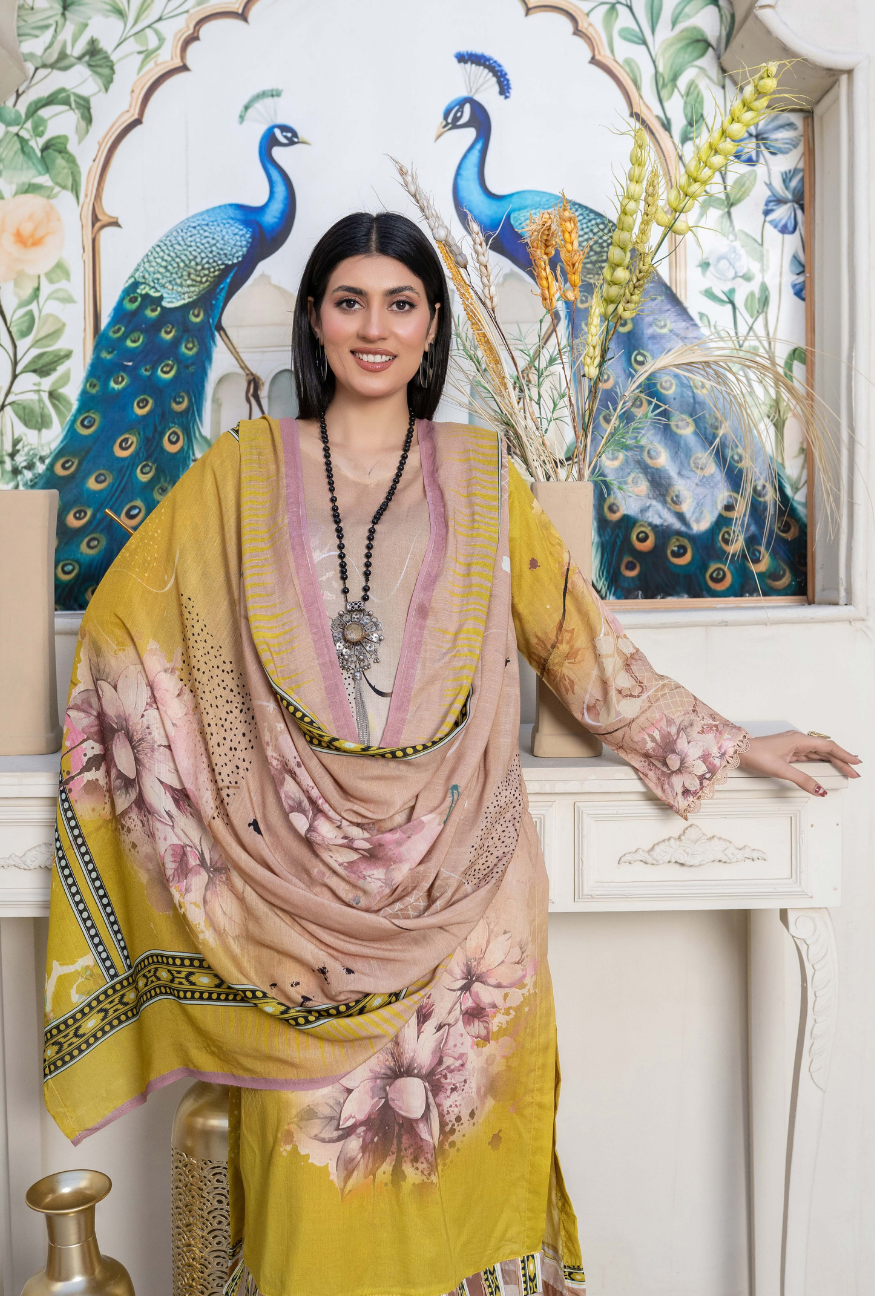 Bin Naeem Premium Digital Printed Lawn 3 Piece Suit - Yellow Beige
