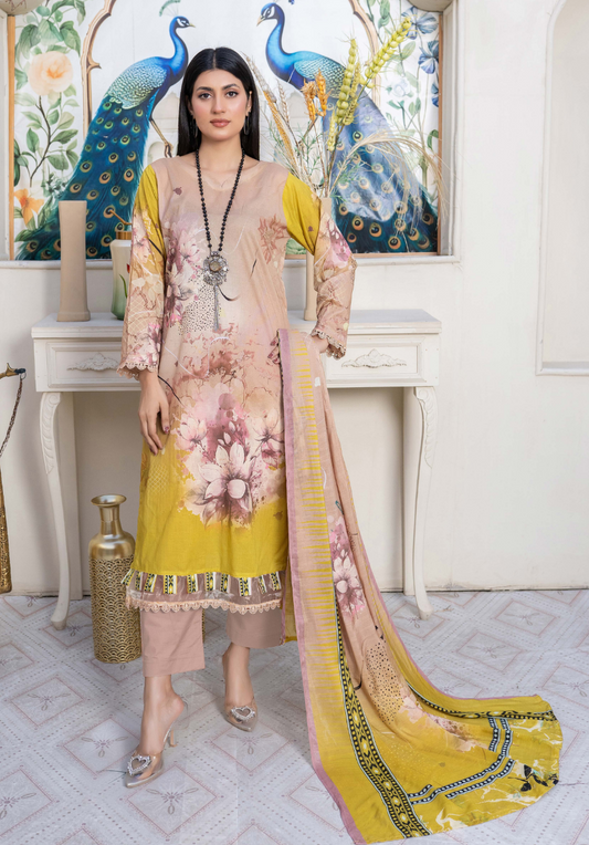 Bin Naeem Premium Digital Printed Lawn 3 Piece Suit - Yellow Beige