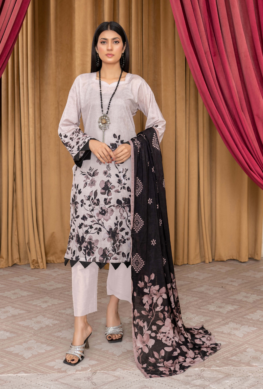 Bin Naeem Premium Digital Printed Lawn 3 Piece Suit - Gray Black