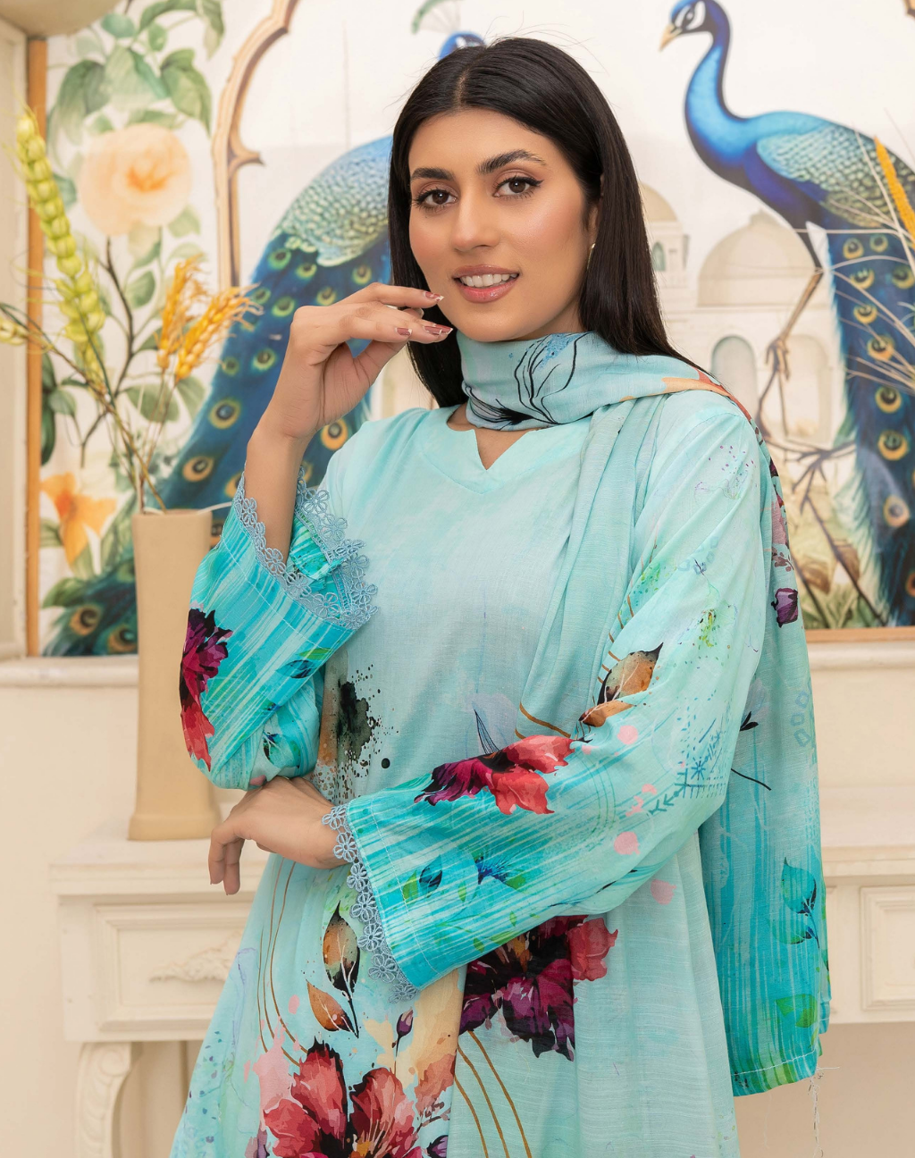 Bin Naeem Premium Digital Printed Lawn 3 Piece Suit - Aqua Blue