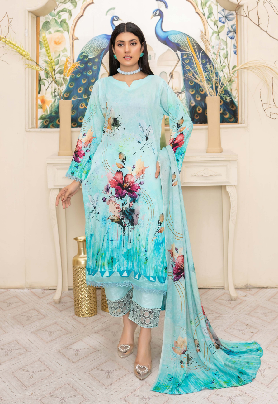 Bin Naeem Premium Digital Printed Lawn 3 Piece Suit - Aqua Blue