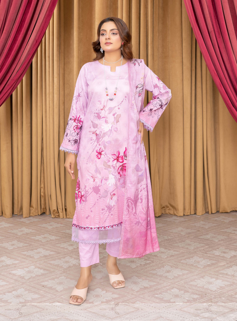 Bin Naeem Premium Digital Printed Lawn 3 Piece Suit - Soft Pink