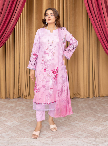 Bin Naeem Premium Digital Printed Lawn 3 Piece Suit - Soft Pink