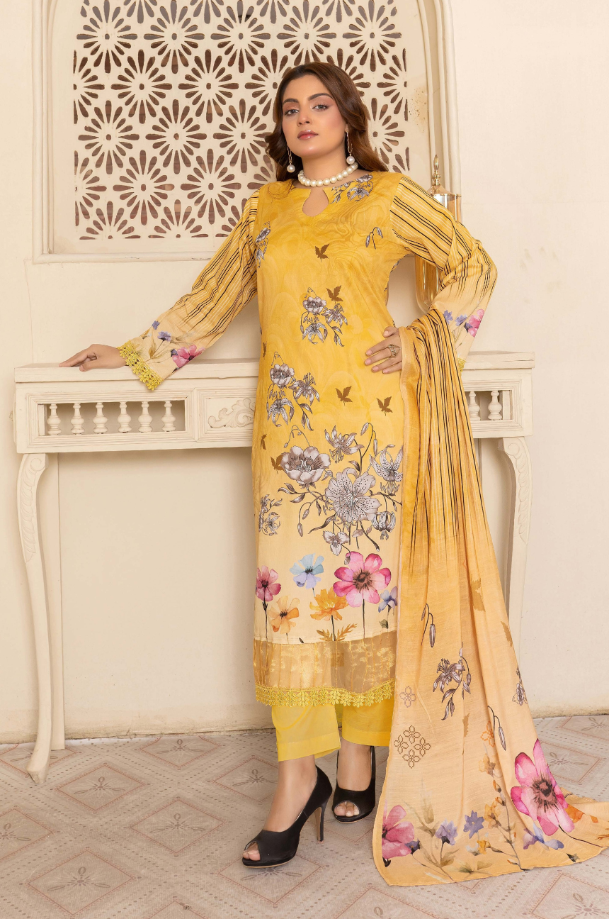 Bin Naeem Premium Digital Printed Lawn 3 Piece Suit - Mustard Yellow